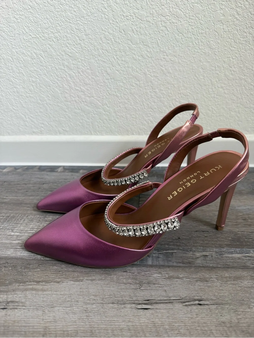 Kurt Geiger Metallic Magenta Slingback Heels with Crystal Strap